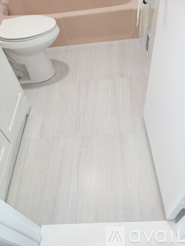 A white toilet sits next to a bathtub in a bathroom.