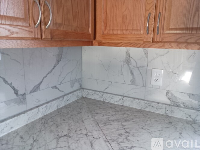 A kitchen with wooden cabinets and marble countertops.