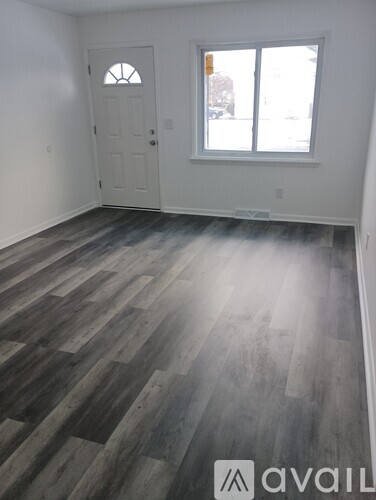A room with a wooden floor and a white door.
