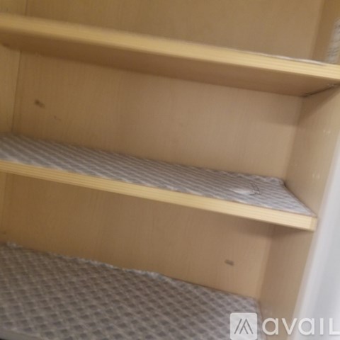 Two shelves with a grey mattress on the bottom shelf.