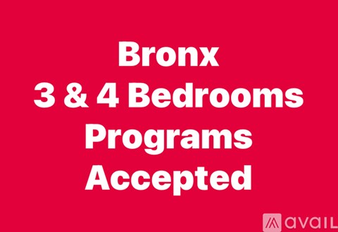 A red background with white text stating "Bronx 3 & 4 Bedrooms Programs Accepted".