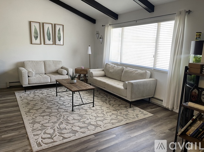 A living room with a grey sofa, a white couch, a wooden coffee table, and a rug with a floral pattern.