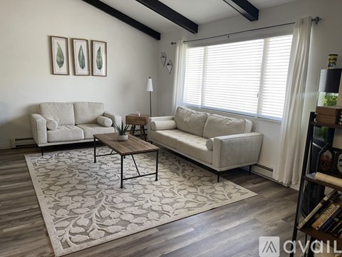 A living room with a grey sofa, a white couch, a wooden coffee table, and a rug with a floral pattern.