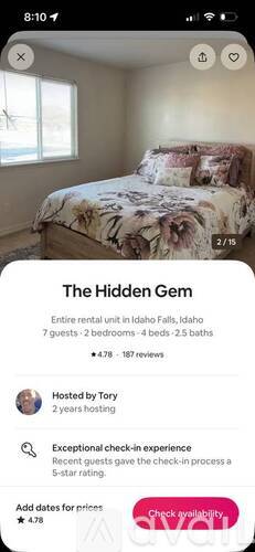 A bedroom listing for a rental unit called The Hidden Gem.