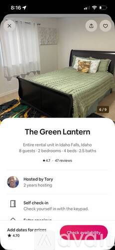 A bedroom listing for a rental unit called The Green Lantern.