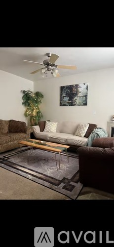 A living room with a couch, a coffee table, and a ceiling fan.
