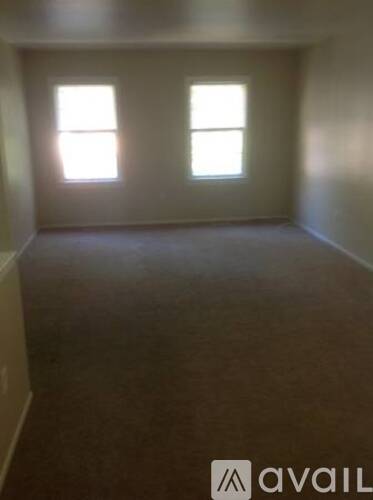 A room with two windows and carpeted floor.