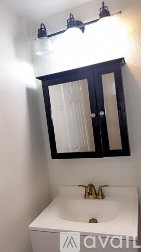 A bathroom with a white sink and a mirror above it.