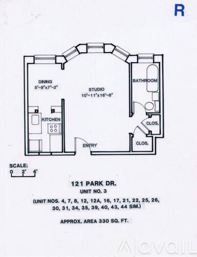 A drawing of a floor plan for a unit number 3 at 121 Park Dr.