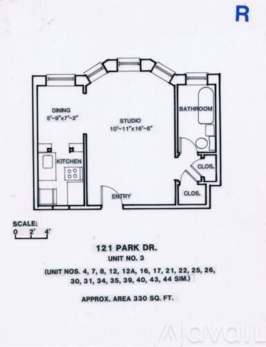 A drawing of a floor plan for a unit number 3 at 121 Park Dr.