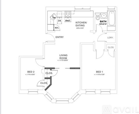 A floor plan of a house with a living room, two bedrooms, a kitchen, a bath, and a laundry area.