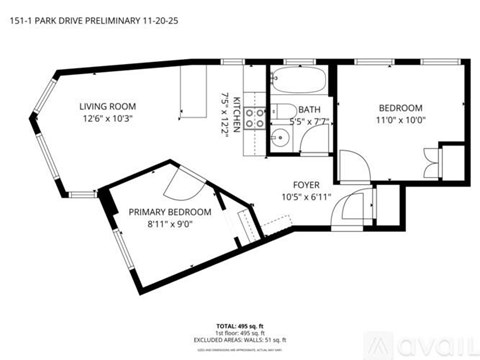 A floor plan for a home with a living room, kitchen, bathroom, and two bedrooms.