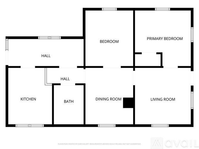 A floor plan of a house with a living room, dining room, kitchen, two bathrooms, two bedrooms, and two halls.