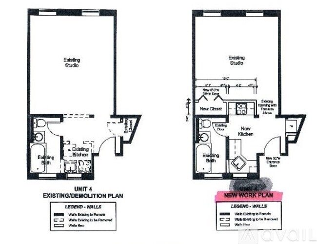 A floor plan compares an existing studio with a new work plan, showing the addition of a new closet and kitchen.