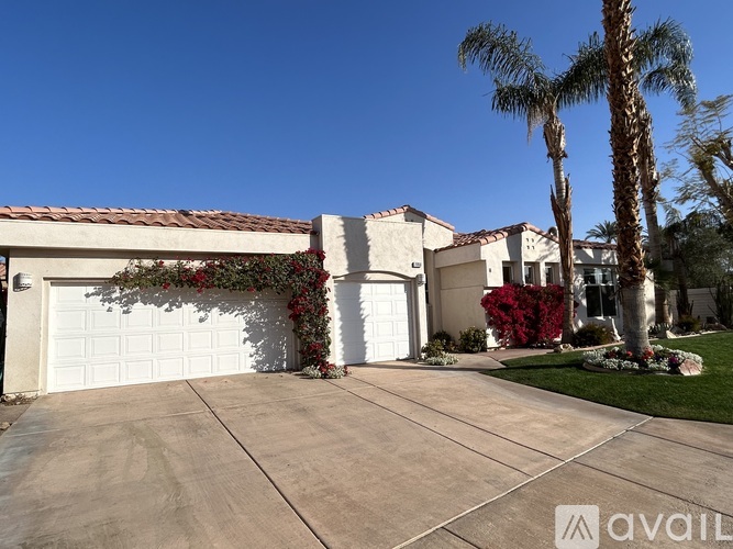 A house with a white garage door and a palm tree in front.