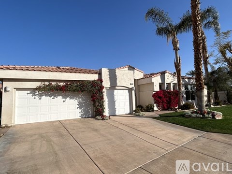 A house with a white garage door and a palm tree in front.