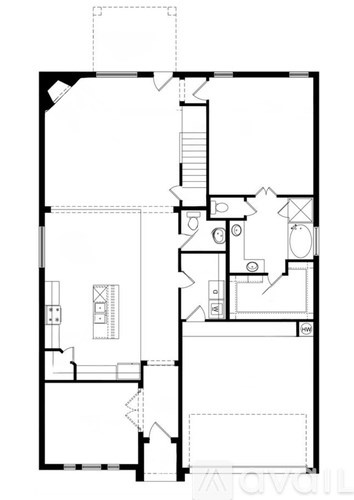 A floor plan of a house with a kitchen, living room, and bedrooms.