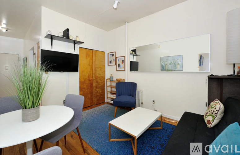 A living room with a black couch, a white coffee table, a grey chair, a blue chair, a TV, a mirror, and a potted plant.