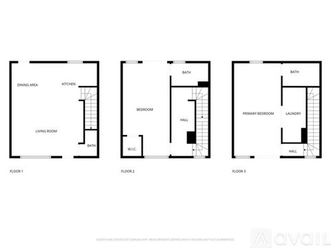 A floor plan of a three-story apartment with a living room, dining area, kitchen, bedroom, bathroom, laundry, and hallway.