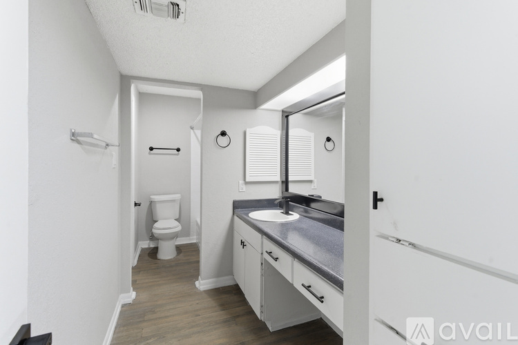 A bathroom with a toilet, sink, and mirror.