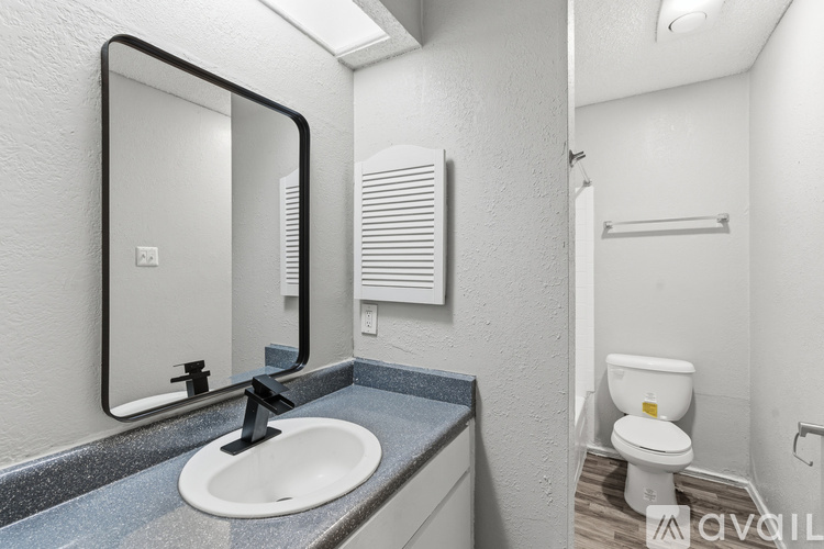 A bathroom with a sink, mirror, and toilet.