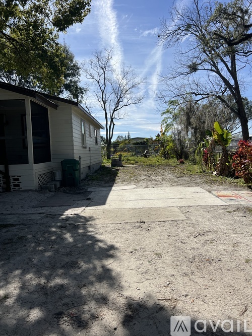 A backyard with a house, trees, and a concrete slab.