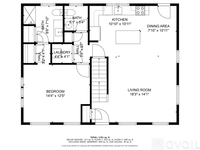 A floor plan of a small apartment with a bedroom, living room, kitchen, and bathroom.