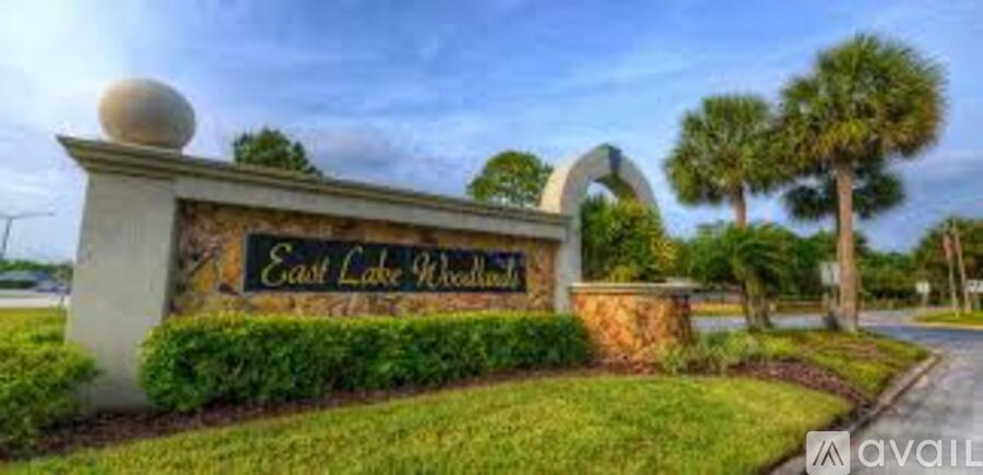 A sign for East Lake Woods in front of a road with trees.