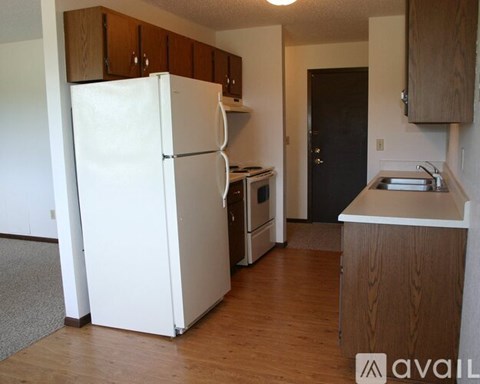 A kitchen with a white refrigerator, wooden cabinets, and a sink.