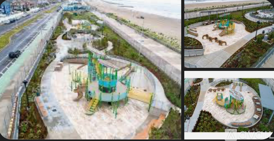 A series of four images showcasing a playground with a slide, swings, and a sandbox.