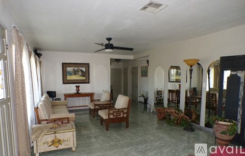 A living room with a ceiling fan and a painting on the wall.