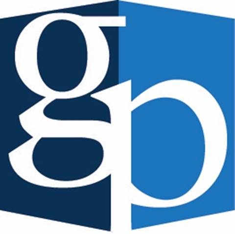 The image is a logo with the letters "g" and "p" in white on a blue background.