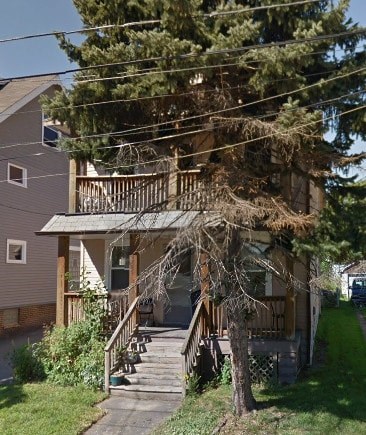 A tree growing over a porch.
