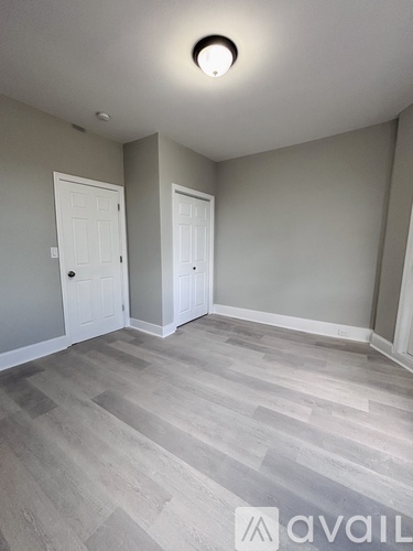 A room with two white doors and a light on the ceiling.