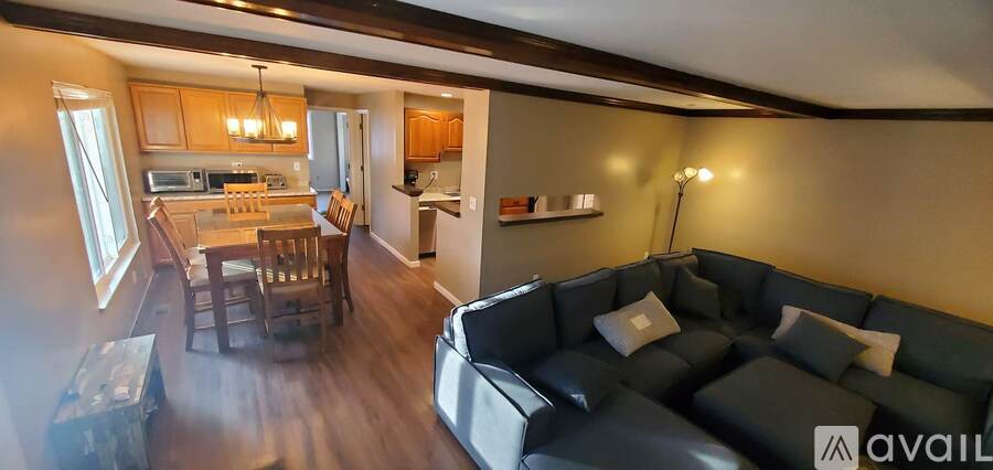 A living room with a couch and a kitchen in the background.