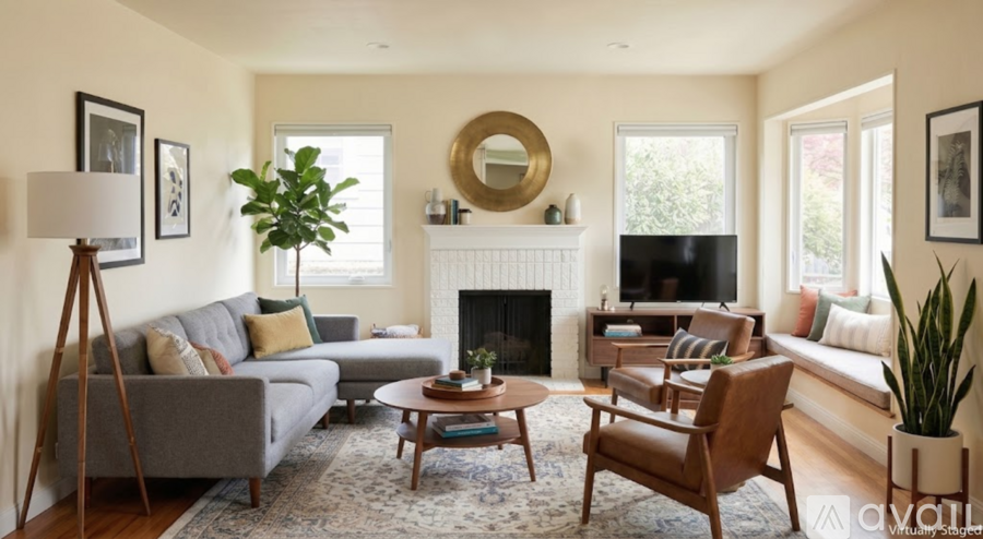 A living room with a grey sofa, a wooden coffee table, a fireplace, and a TV.