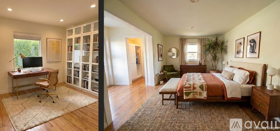 A bedroom with a bed, desk, and chair.