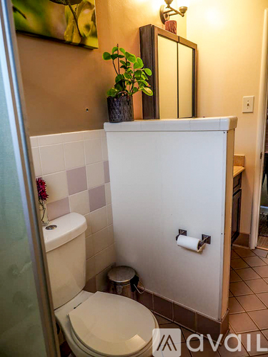A white toilet in a small bathroom with a mirror above it.