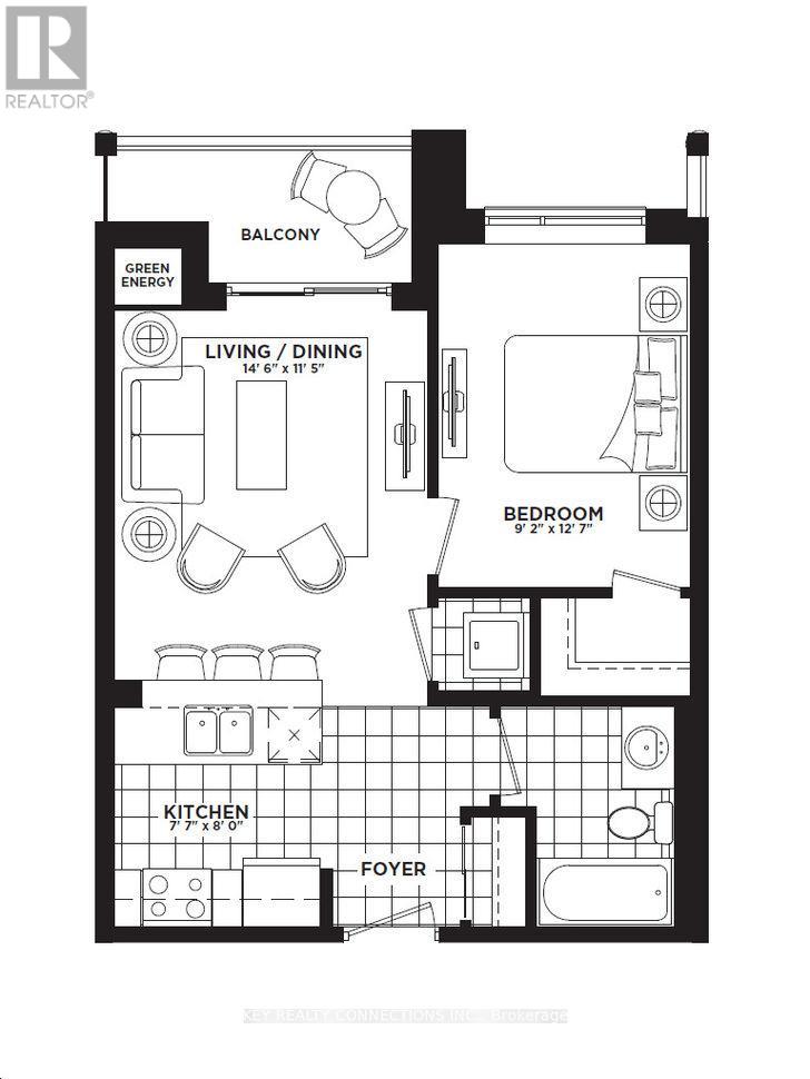 A floor plan of a small apartment with a living room, dining room, kitchen, and bedroom.