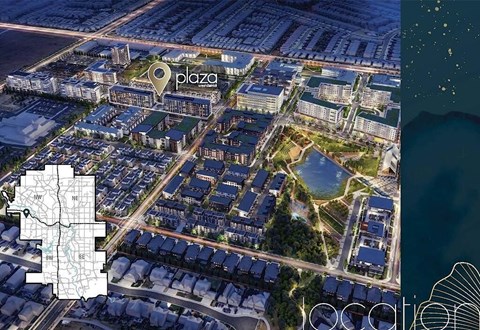 An aerial view of a city with a highlighted area labeled "plaza".
