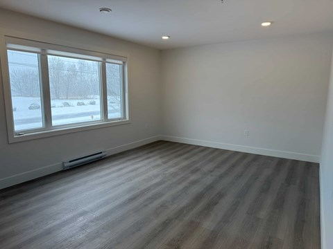 A room with a window and a floor heater.