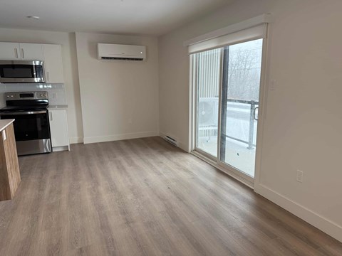 A spacious room with a kitchen area and sliding glass doors.