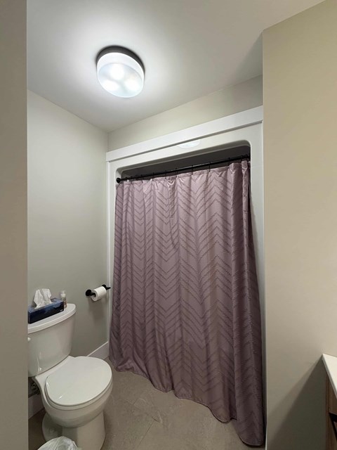 A small bathroom with a toilet, a shower curtain, and a light on the ceiling.