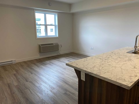 A kitchen with a marble countertop and wooden flooring.