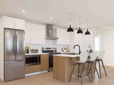 A modern kitchen with a refrigerator, microwave, oven, sink, and bar stools.