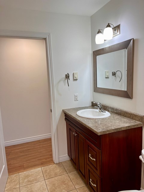 A bathroom with a sink, mirror, and wooden cabinets.