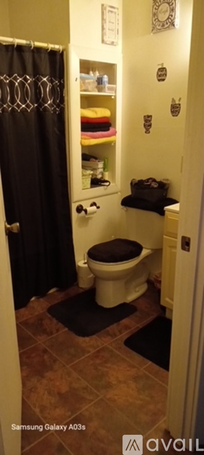 A bathroom with a toilet, a shower curtain, and a shelf with various items.