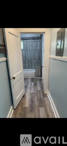 A hallway with a wooden floor and a white door.