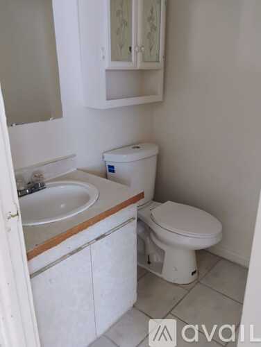 A white toilet sits next to a sink in a small bathroom.