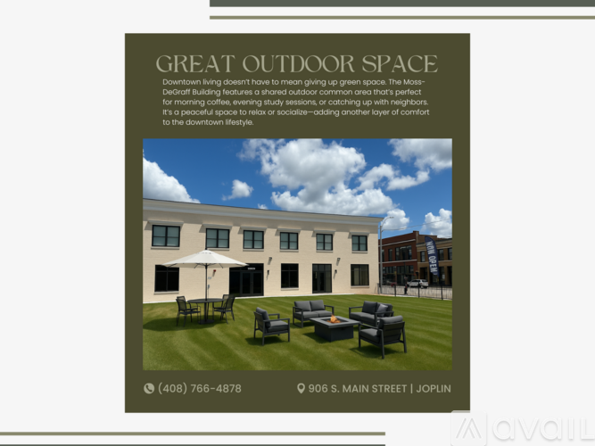 An advertisement for a building that has a great outdoor space.